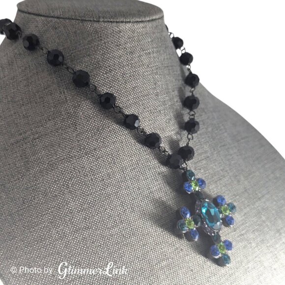 Akkad Blue & Green Sparkling Cross Black Faceted Glass Beads Necklace - Picture 3 of 12